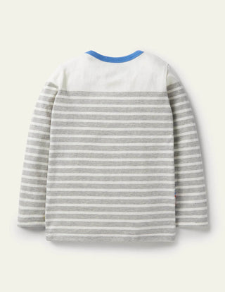 Mini Boden Boys' Long Sleeve Applique Breton T-Shirt in Grey Marl Vechicles