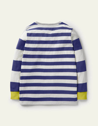 Mini Boden Boy's Stripe Animal Applique T-shirt in College Navy/Ivory Frog