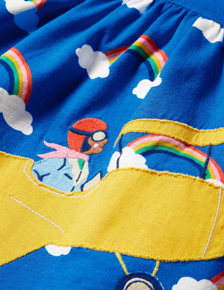 Mini Boden Girl's Fun Applique Dress in Moroccan Blue Rainbow Cloud