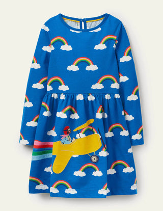 Mini Boden Girl's Fun Applique Dress in Moroccan Blue Rainbow Cloud