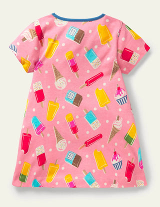 Mini Boden Girl's Short-sleeved Printed Tunic in Pink Lemonade Ice Cream Spot