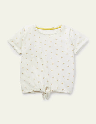 Mini Boden Girl's Tie-front T-shirt in Ivory/ Gold Foil Little Star