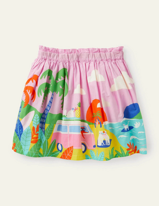 Mini Boden Girl's Fun Printed Scene Skirt in Plum Blossom Pink Holiday Cats