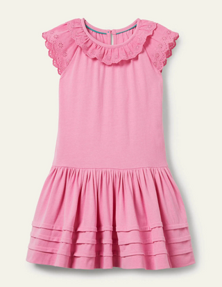 Mini Boden Girl's Broderie Detail Jersey Dress Dark in Plum Blossom Pink