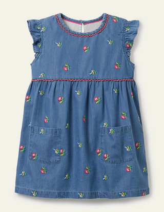 Mini Boden Girl's Frill Sleeve Embroidered Woven Tunic in Chambray Flowers