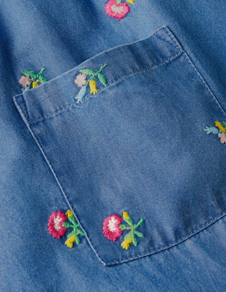 Mini Boden Girl's Frill Sleeve Embroidered Woven Tunic in Chambray Flowers