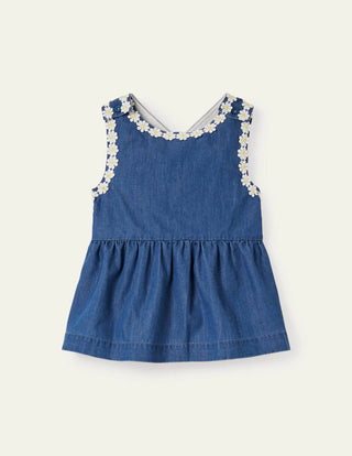 Baby Boden Cross-back Woven Top in Chambray Daisy Chain