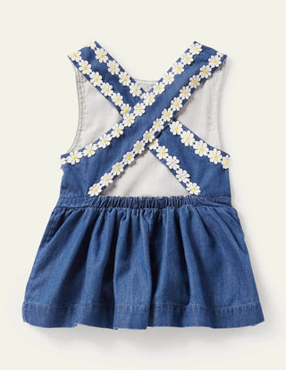 Baby Boden Cross-back Woven Top in Chambray Daisy Chain
