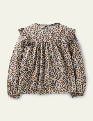 Mini Boden Girl's Floaty Printed Ruffle Top in Grey Marl Leopard Print