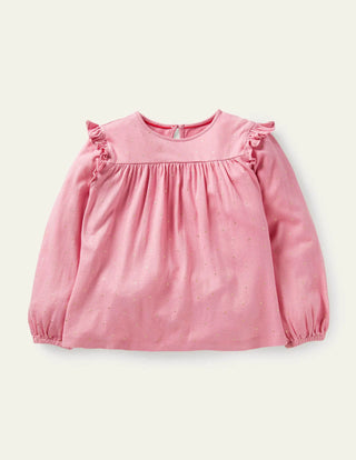 Mini Boden Girl's Floaty Printed Ruffle Top in Formica Pink Gold Spot