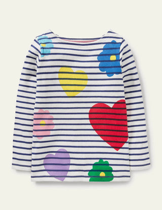 Mini Boden Girl's Everyday Breton in Ivory/Navy Rainbow Flowers