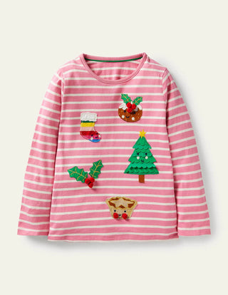 Mini Boden Girl's 3D Applique Breton Top in Petal Pink/ Ivory Festive