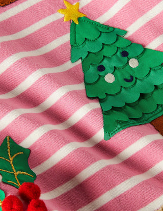 Mini Boden Girl's 3D Applique Breton Top in Petal Pink/ Ivory Festive