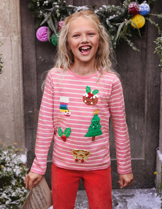 Mini Boden Girl's 3D Applique Breton Top in Petal Pink/ Ivory Festive