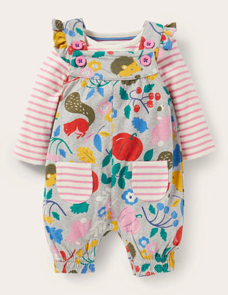 Baby Boden Jersey Dungaree Set in Grey Marl Forest Friends