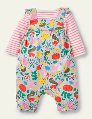Baby Boden Jersey Dungaree Set in Grey Marl Forest Friends