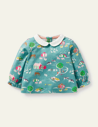 Baby Boden Printed Collared Top in Brook Blue Farmyard