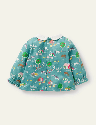 Baby Boden Printed Collared Top in Brook Blue Farmyard