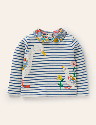 Baby Boden Big Appliqué Collared T-shirt Ivory/Venice Blue Ducks