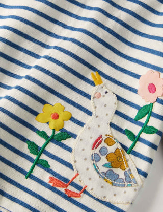 Baby Boden Big Appliqué Collared T-shirt Ivory/Venice Blue Ducks