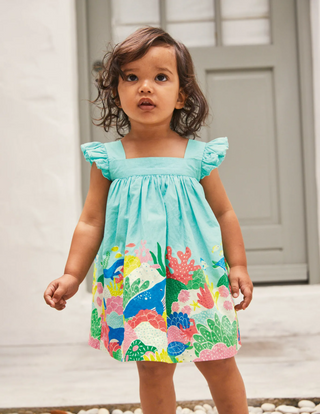Baby Boden Woven Coral Scene Dress in Georgian Blue Coral Reef