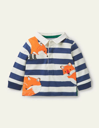 Mini Boden Boy's Peeking-in Fox Rugby T-Shirt Ivory/Starboard Blue Foxes