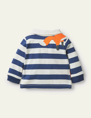 Mini Boden Boy's Peeking-in Fox Rugby T-Shirt Ivory/Starboard Blue Foxes