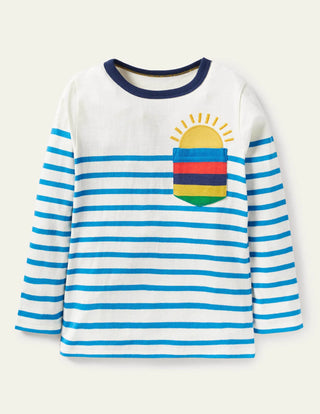 Mini Boden Boy's Breton Top in Weather Ivory/Moroccan Blue