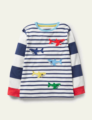 Mini Boden Applique Breton T-shirt in College Navy/Ivory Sharks