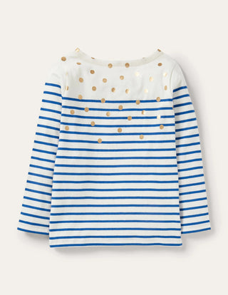 Mini Boden Girl's Everyday Breton in Ivory/Bright Blue Gold Spot