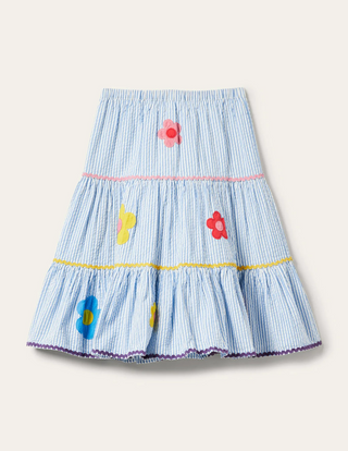 Mini Boden Girl's Midi Skirt in Surfboard Blue/Ivory Ticking