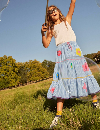 Mini Boden Girl's Midi Skirt in Surfboard Blue/Ivory Ticking
