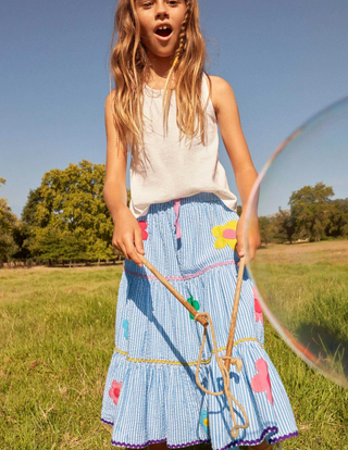 Mini Boden Girl's Midi Skirt in Surfboard Blue/Ivory Ticking