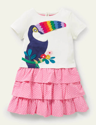 Mini Boden Girl's Short Sleeve Tiered Skirt Applique Dress in Ivory/Pink Toucan