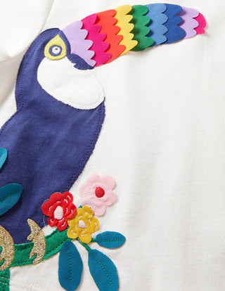 Mini Boden Girl's Short Sleeve Tiered Skirt Applique Dress in Ivory/Pink Toucan