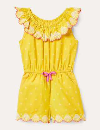 Mini Boden Girl's Woven Broderie Playsuit in Daffodil Yellow