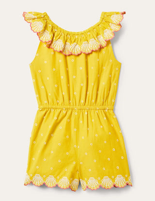 Mini Boden Girl's Woven Broderie Playsuit in Daffodil Yellow
