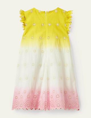 Mini Boden Girl's Broderie Dress Daffodil in Yellow/Pink Ombre