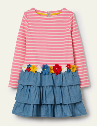 Mini Boden Girl's Applique Long Sleeve Hotchpotch Dress in Formica Pink/ Ivory Flower
