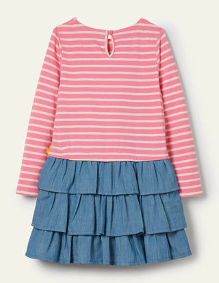 Mini Boden Girl's Applique Long Sleeve Hotchpotch Dress in Formica Pink/ Ivory Flower