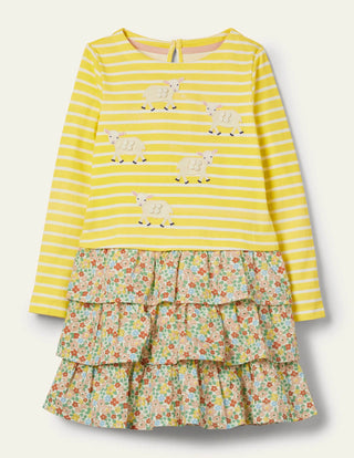 Mini Boden Girl's Applique Hotchpotch Dress in Sweetcorn Yellow/ Ivory Sheep