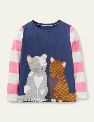 Mini Boden Girl's Front & Back Applique T-shirt in Starboard Blue Cats