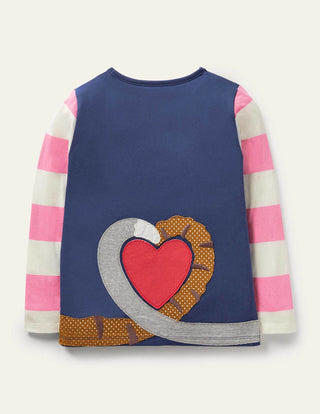 Mini Boden Girl's Front & Back Applique T-shirt in Starboard Blue Cats