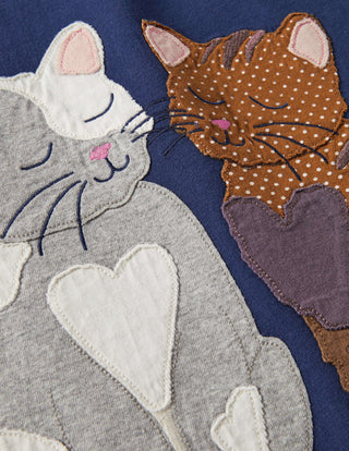 Mini Boden Girl's Front & Back Applique T-shirt in Starboard Blue Cats