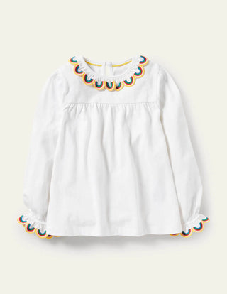 Mini Boden Girl's Rainbow Scallop Top in White