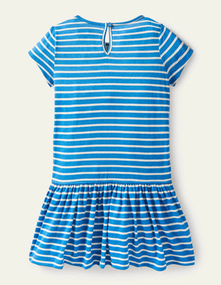 Mini Boden Girl's Short Sleeve Embroidered Dress in Bright Marina Blue Bunny