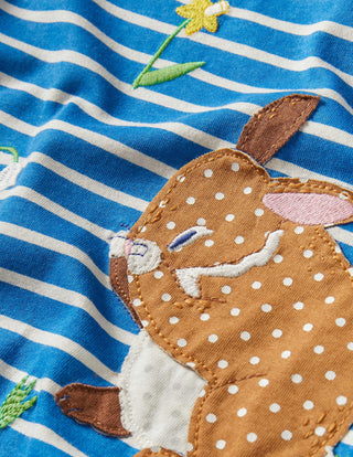 Mini Boden Girl's Short Sleeve Embroidered Dress in Bright Marina Blue Bunny