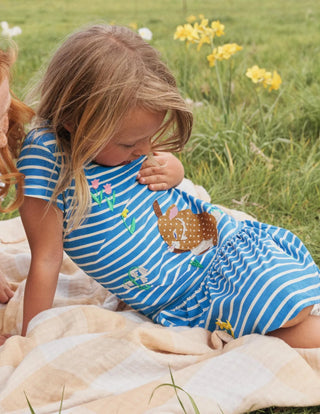 Mini Boden Girl's Short Sleeve Embroidered Dress in Bright Marina Blue Bunny