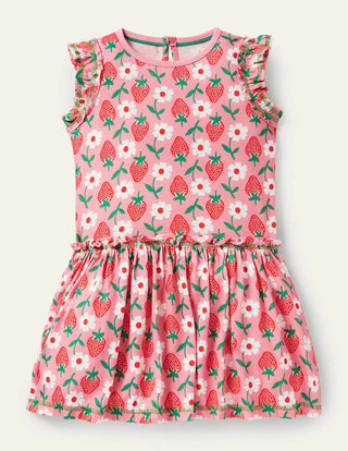 Mini Boden Girl's Frill Detail Cotton Jersey Dress in Pink Lemonade Strawberry Stamp