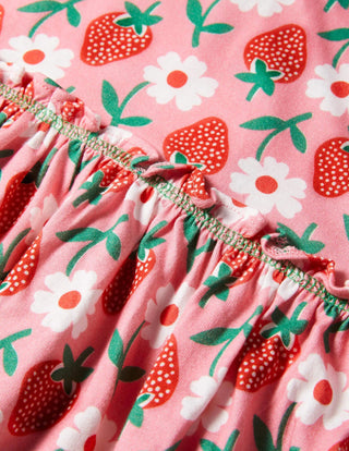 Mini Boden Girl's Frill Detail Cotton Jersey Dress in Pink Lemonade Strawberry Stamp